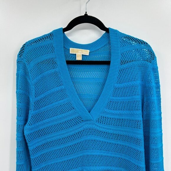 MICHAEL KORS Teal Blue Open Knit V-Neck Hi-Low Tunic Sweater Top Size Medium - Picture 3 of 6